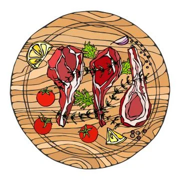 Lamb Ribs Chops with Herbs, Lemon, Tomato, Parsley, Thyme, Pepper. On a Round Stock Illustration