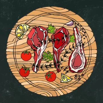 Lamb Ribs Chops with Herbs, Lemon, Tomato, Parsley, Thyme, Pepper. On a Round Stock-Illustration