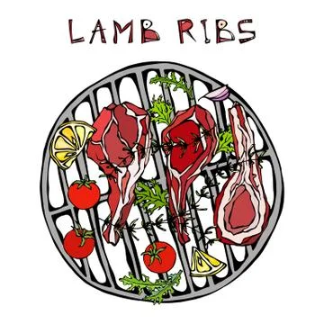 Lamb Ribs Chops with Herbs, Lemon, Tomato, Parsley, Thyme, Pepper. On a Round Stock Illustration