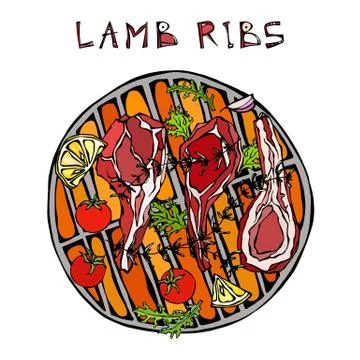 Lamb Ribs Chops with Herbs, Lemon, Tomato, Parsley, Thyme, Pepper. On a Round Stock Illustration
