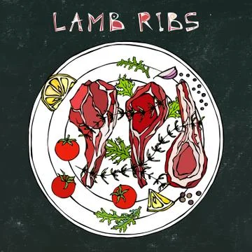 Lamb Ribs Chops with Herbs, Lemon, Tomato, Parsley, Thyme, Pepper. On a Round Stock Illustration