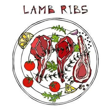 Lamb Ribs Chops with Herbs, Lemon, Tomato, Parsley, Thyme, Pepper. On a Round Stock Illustration
