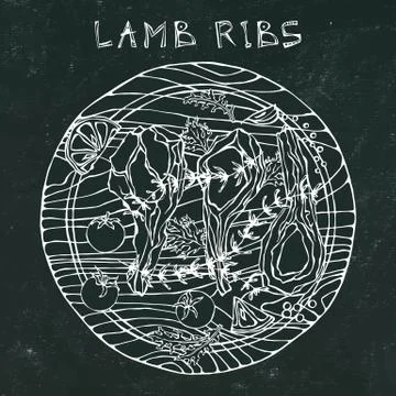 Lamb Ribs Chops with Herbs, Lemon, Tomato, Parsley, Thyme, Pepper. On a Round Stock Illustration
