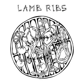 Lamb Ribs Chops with Herbs, Lemon, Tomato, Parsley, Thyme, Pepper. On a Round Stock Illustration