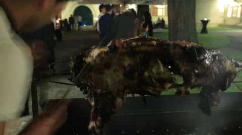 Lamb roasting on a spit on an open outdoor oven - timelapse Stock Footage 52350014