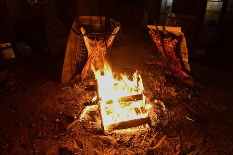 Lamb on the spit, roast lamb, Patagonia Stock Photos