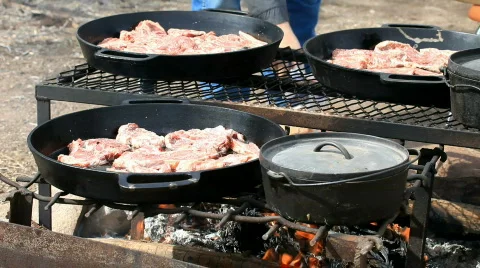 Lamb steaks cooking over fire outside P HD 6581 Stock Footage