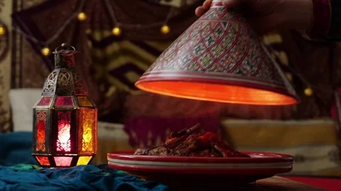 Lamb tagine. Eid al-Adha food, Greater Eid. Spiritual fasting, Ramadan prayer Stock Footage 300423052
