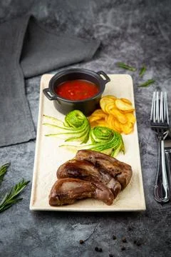 Lamb tongues with mashed potatoes and tomato sauce side view Stock Photos