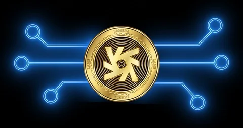 Lambda (LAMB) cryptocurrency coin with glowing blockchain transaction schematic Stock Footage 102291998