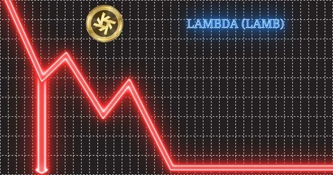 Lambda (LAMB) cryptocurrency coin jumps down the arrow of the trend and shatters Stock Footage 102292101