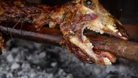 Lamb's head is turning on a spit Stock-Footage 75271927