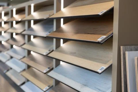 Laminate flooring samples in interior design shop Stock Photos