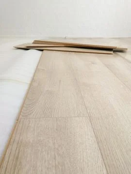 Laminated flooring under construction process. Home renewal concept Stock Photos