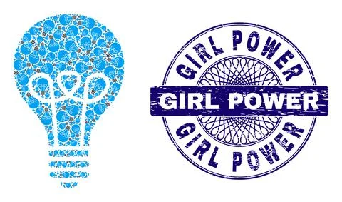 Lamp Bulb Recursion Composition of Lamp Bulb Icons and Textured Girl Power Round Illustrazione stock