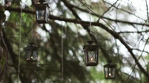 The lamp a candle is hanging on a tree. Handheld Stock Footage 68376682