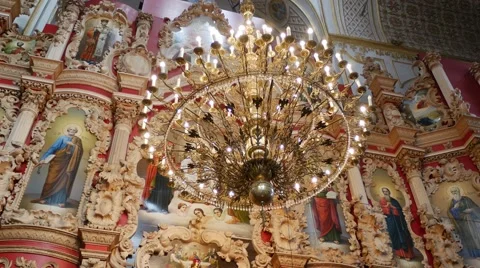 Lamp on a Ceiling Interior of Cathedral Mgar Savior-Transfiguration Monastery Stock Footage 58001179