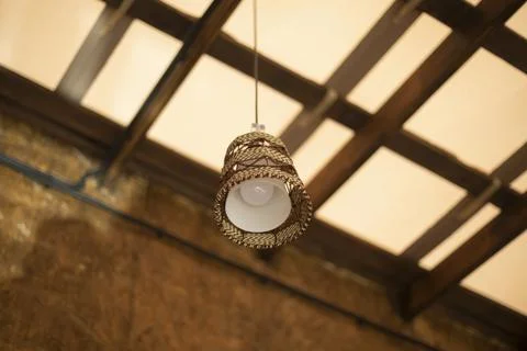 Lamp on ceiling. Interior details. Ceiling in house. Stock Photos