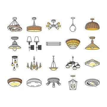 Lamp ceiling light interior home icons set vector Stock Illustration