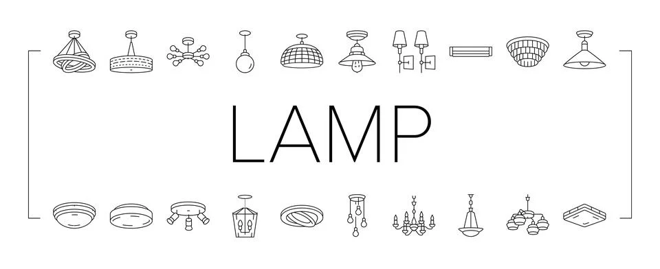 Lamp ceiling light interior home icons set vector Stock Illustration