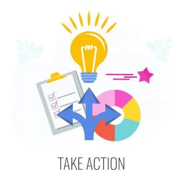 Lamp, check sheet, direction arrows and pie chart. Stock Illustration