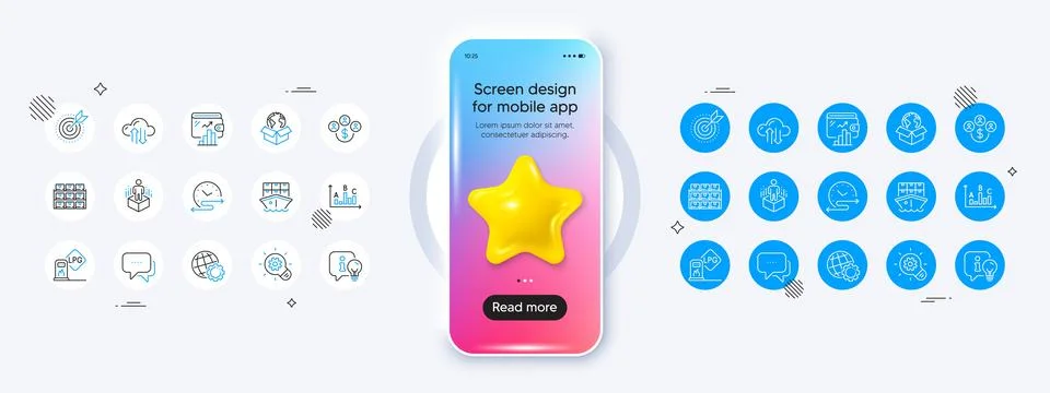 Lamp, Cloud sync and Message line icons. For web app, printing. Phone mockup Stock Illustration