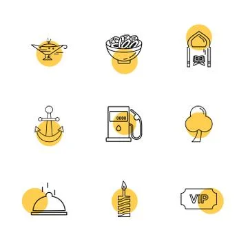 Lamp , dates , mosque , anchor , petrol pump , tree , ticket , candle , dish  Stock Illustration