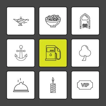 Lamp , dates , mosque , anchor , petrol pump , tree , ticket , candle , dish  Stock Illustration