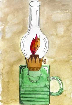 Lamp with fire and light from it. Drawn by hand with watercolor Illustrazione stock