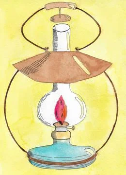 Lamp with fire and light from it. Drawn by hand with watercolor Stock Illustration
