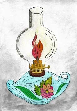 Lamp with fire and light from it. Drawn by hand with watercolor Illustrazione stock