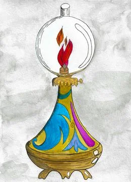 Lamp with fire and light from it. Drawn by hand with watercolor Stock Illustration