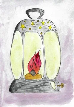 Lamp with fire and light from it. Drawn by hand with watercolor Stock Illustration