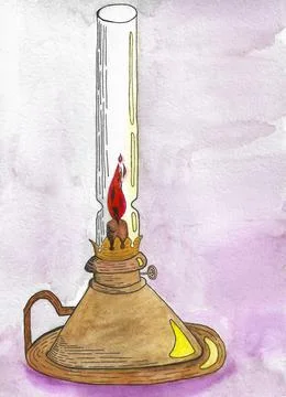 Lamp with fire and light from it. Drawn by hand with watercolor Stock Illustration
