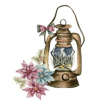 Lamp with forest composition inside.. Watercolor hand drawn illustration fo.. Stock Illustration
