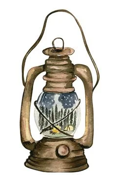 Lamp with forest composition inside.. Watercolor hand drawn illustration for  Stock Illustration