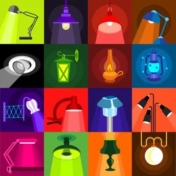 Lamp glow icons set, flat style 스톡 일러스트