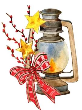 Lamp lantern with bow, branches with berries and stars Stock Illustration