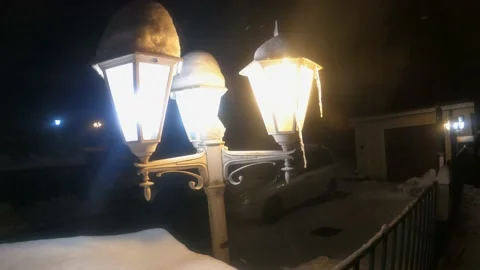 Lamp lantern lights in the night in winter snow Stock Footage 149301453