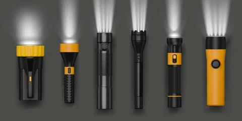 Lamp light. 3D spotlight beam. Flash battery instrument. Flashlight equipment Stock Illustration