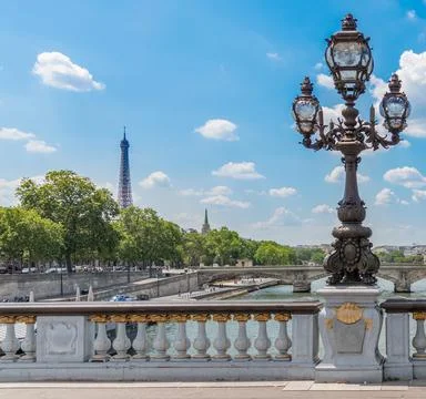 Lamp post in Alexander III bridge with Eiffel tower on the background Stockfoto's