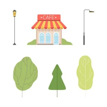 Lamp Post, Cafe Building and Park Tree as City Street Element Vector Set Ilustración de archivo