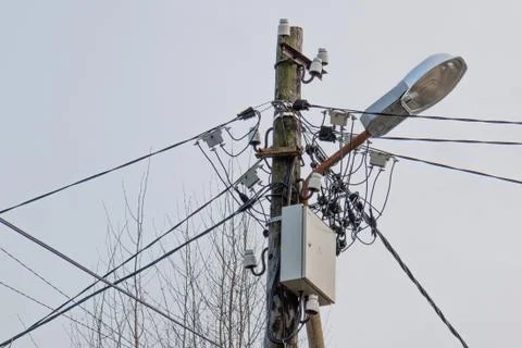 Lamp post with electrical and internet wireles Stock Photos