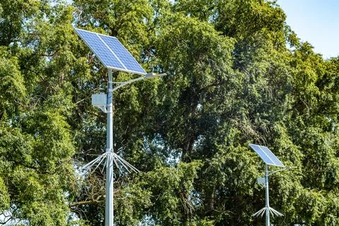 Lamp post with solar panel system on road with blue sky and trees. Autonomous Stock Photos