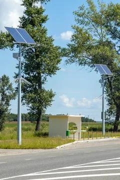 Lamp post with solar panel system on road with blue sky and trees. Autonomous Foto stock