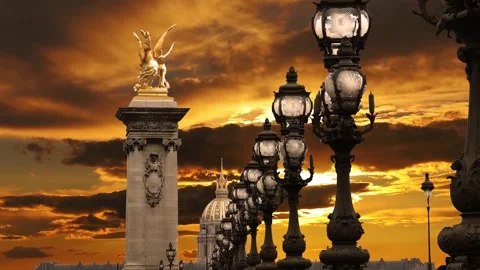 Lamp posts on Alexander III Bridge against the sunset (with zoom). Paris, France Stock Footage 265842955