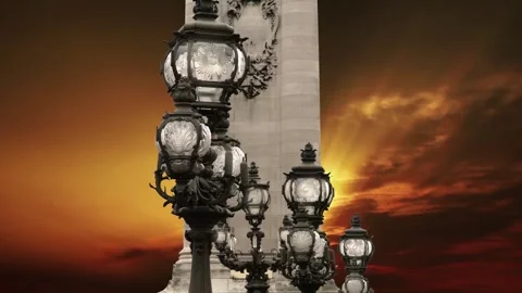 Lamp posts on Alexander III Bridge against the sunset (with zoom). Paris, France Stock Footage 265842971