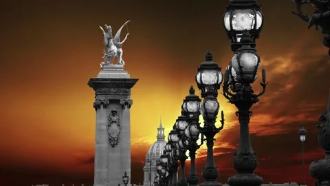 Lamp posts on Alexander III Bridge against the sunset (with zoom). Paris, France Stock Footage 265842986