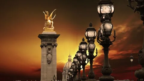 Lamp posts on Alexander III Bridge against the sunset (with zoom). Paris, France Stock Footage 265842991