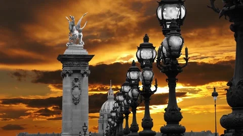 Lamp posts on Alexander III Bridge against the sunset (with zoom). Paris, France Stock Footage 265843019